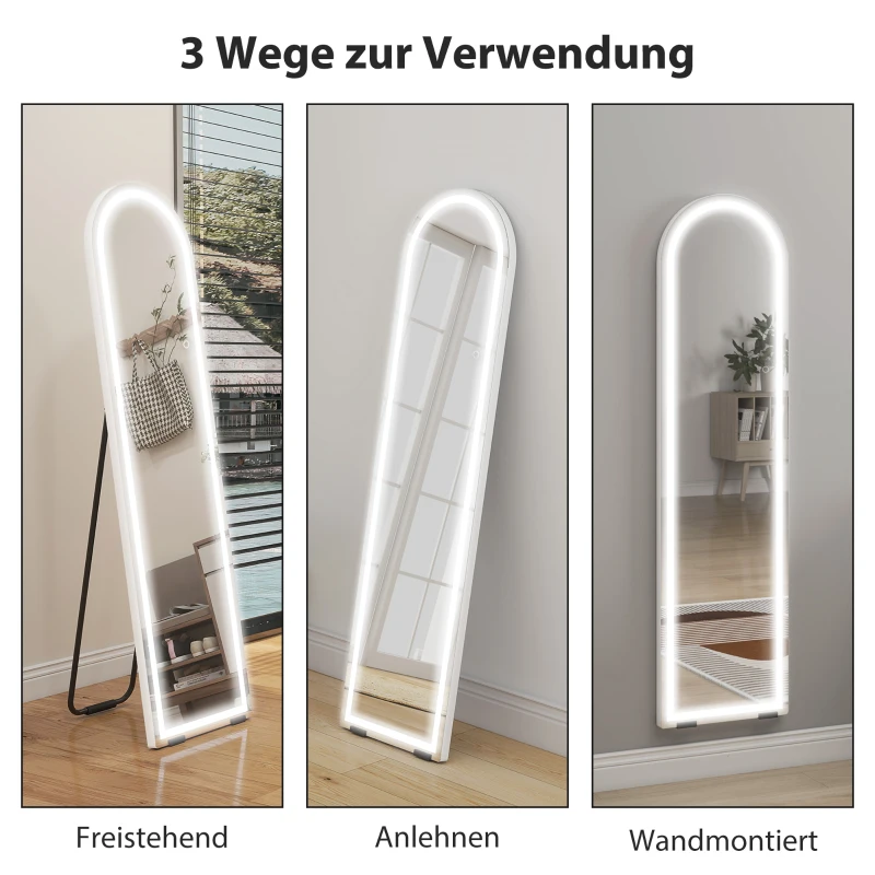 HOMCOM Ganzkörperspiegel mit LED-Lichtern, 150 x 40 cm, bogenförmig, dimmbar, 3 Lichtfarben, freistehend oder Wandmontage, Weiß