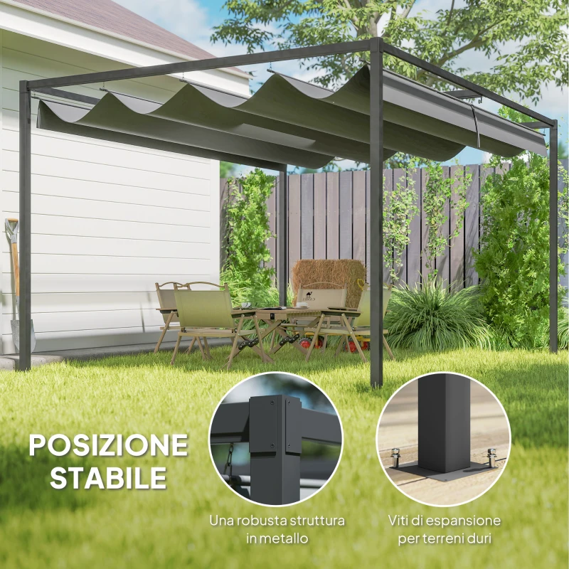 Outsunny Pergola Gazebo da Esterno 4x3 m con Tettuccio Retrattile in Metallo e Poliestere, Grigio Scuro