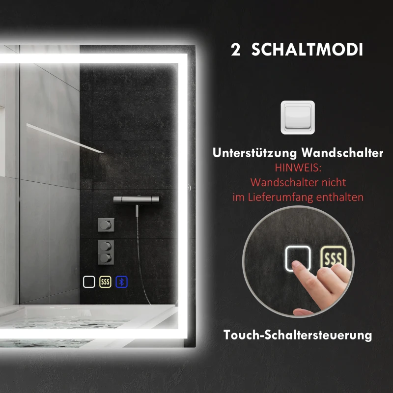 HOMCOM LED badkamerspiegel bluetooth 80 x 100 cm touchschakelaar instelbare verlichting 3 kleuren anti-fog geheugenfunctie Zilver