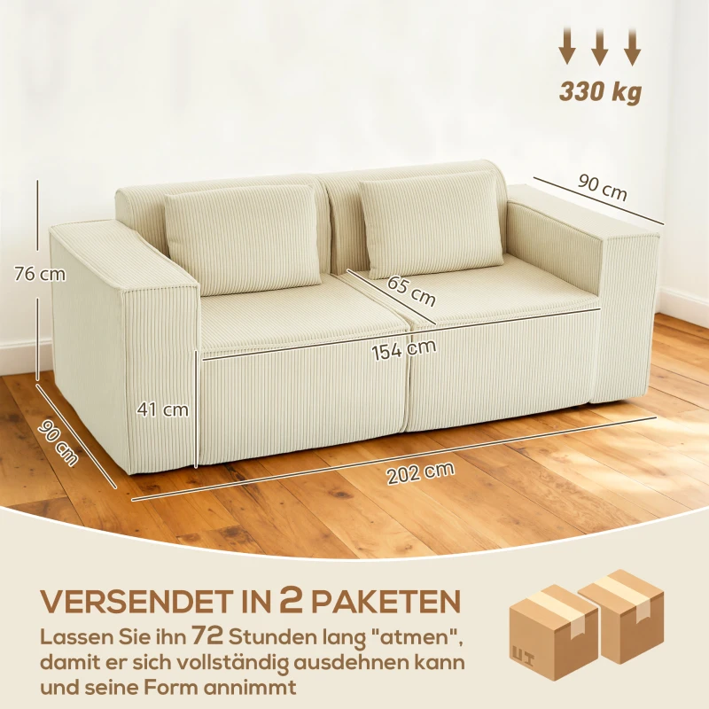 HOMCOM 3-Sitzer-Sofa, weiche Schaumstoffstruktur, breite Armlehnen, 2 Kissen, Cordbezug, Beige