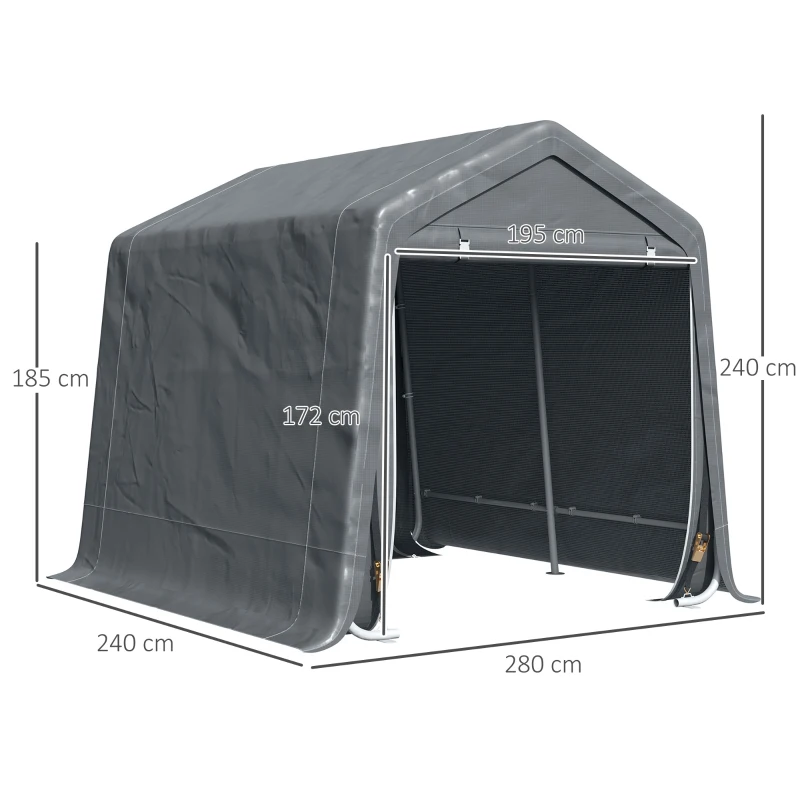 Outsunny Garden Storage Tent, Heavy Duty Patio Storage Shelter with Metal Frame and Double Doors, 2.8m x 2.4m x 2.4m, Dark Grey