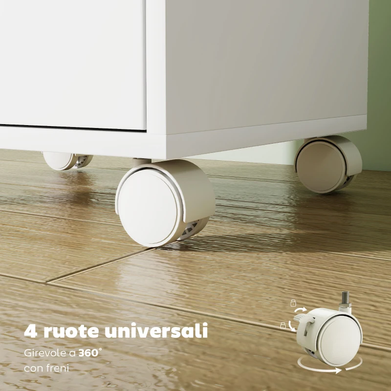 HOMCOM Cassettiera da Ufficio a 6 Cassetti con 4 Ruote e Blocco, 40x35x63 cm, Bianco