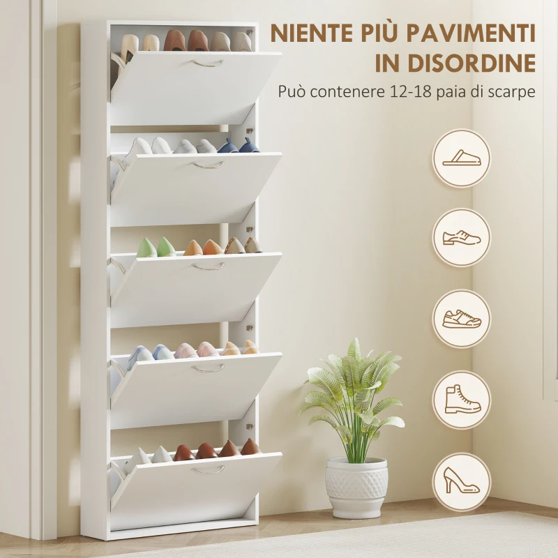 HOMCOM Mobile Scarpiera a 5 Ante Antiribaltamento, in Legno, 65x17x180.5 cm, Bianco