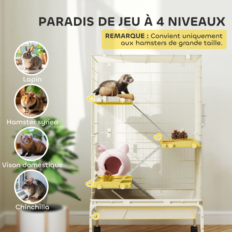 PawHut Cage pour lapin enclos à 4 niveaux avec 2 portes 3 rampes plateau profond roulettes 69 x 44 x 120 cm beige