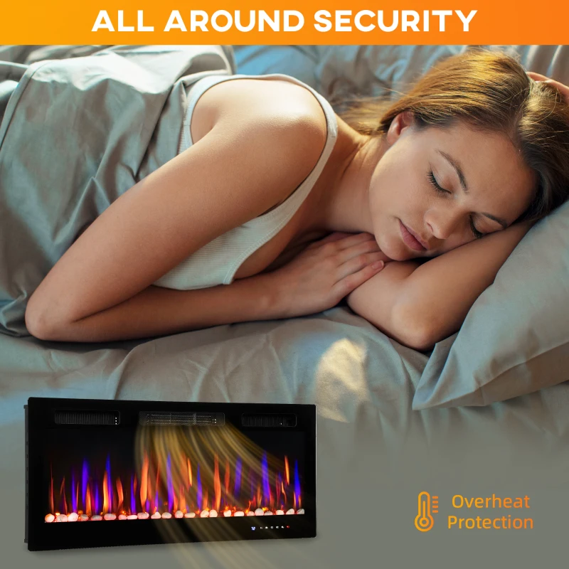 HOMCOM Ultraflacher Einbau-/Wand-Elektrokamin mit 3D-Flamme, Helligkeit/Geschwindigkeit einstellbar, 12 Farben, Kieselsteine, 900/1800 W