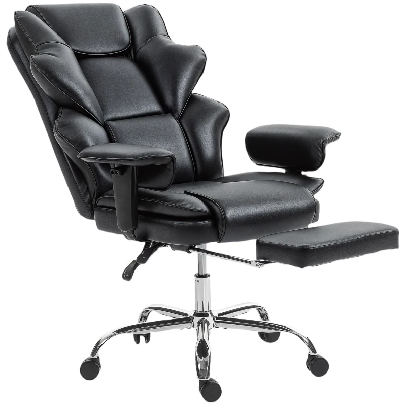 HOMCOM Sedia da Ufficio con Poggiapiedi e Poggiatesta, in Pelle PU, Schiuma e Metallo, 76x73x117-125 cm, Nero