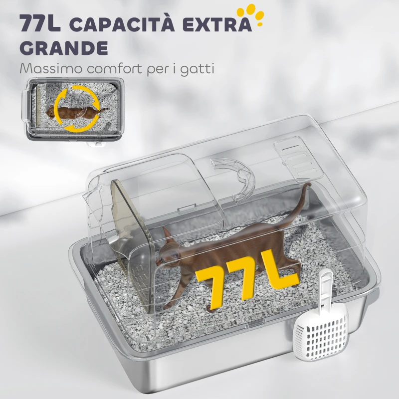 PawHut Lettiera per Gatti Chiusa con Vassoio in Acciaio, Paletta e Filtri, 40.5x60.5x41.5 cm, Grigio e Argento