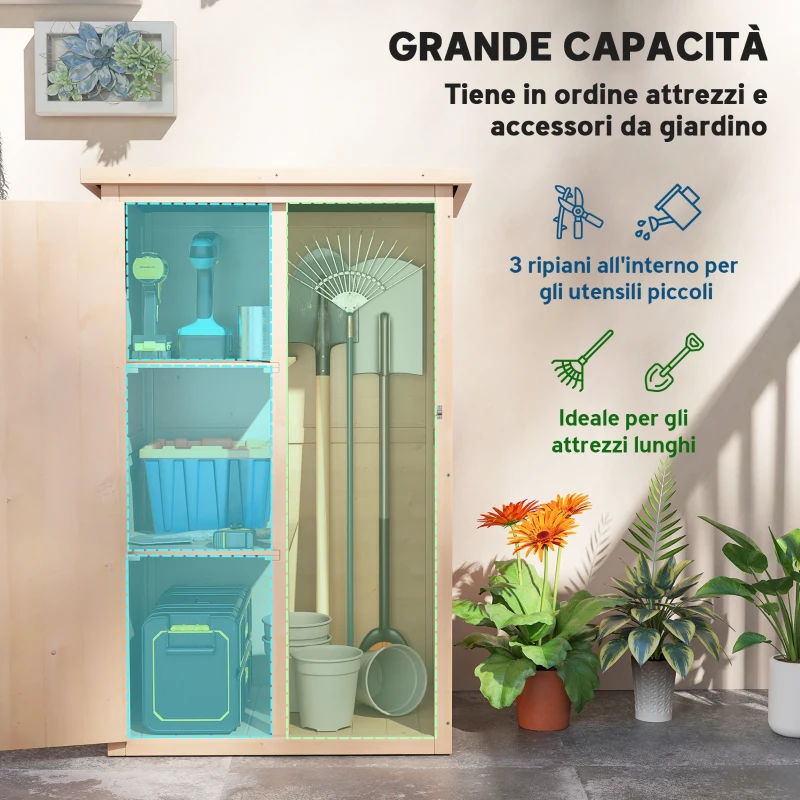 Outsunny Casetta da Giardino in Legno di Abete con Tetto Impermeabile e 2 Mensole, 75x56x115 cm