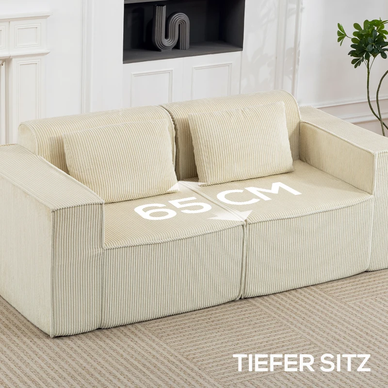 HOMCOM 3-Sitzer-Sofa, weiche Schaumstoffstruktur, breite Armlehnen, 2 Kissen, Cordbezug, Beige