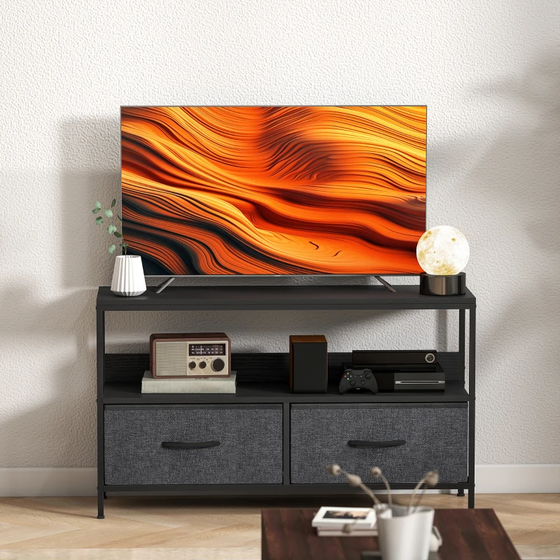 HOMCOM Mobile Porta TV da 47" con Cassetti Pieghevoli in Tessuto e Mensola in Metallo e MDF, 98x29x56 cm, Nero