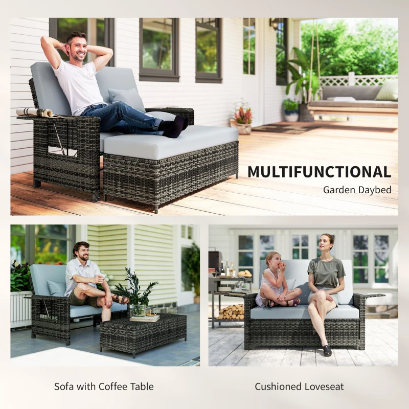 Outsunny Gartensofa mit Liegefunktion, ausfahrbare Fußbank mit Stauraum, Sitzkissen, grau, 130 x 72 x 96 cm