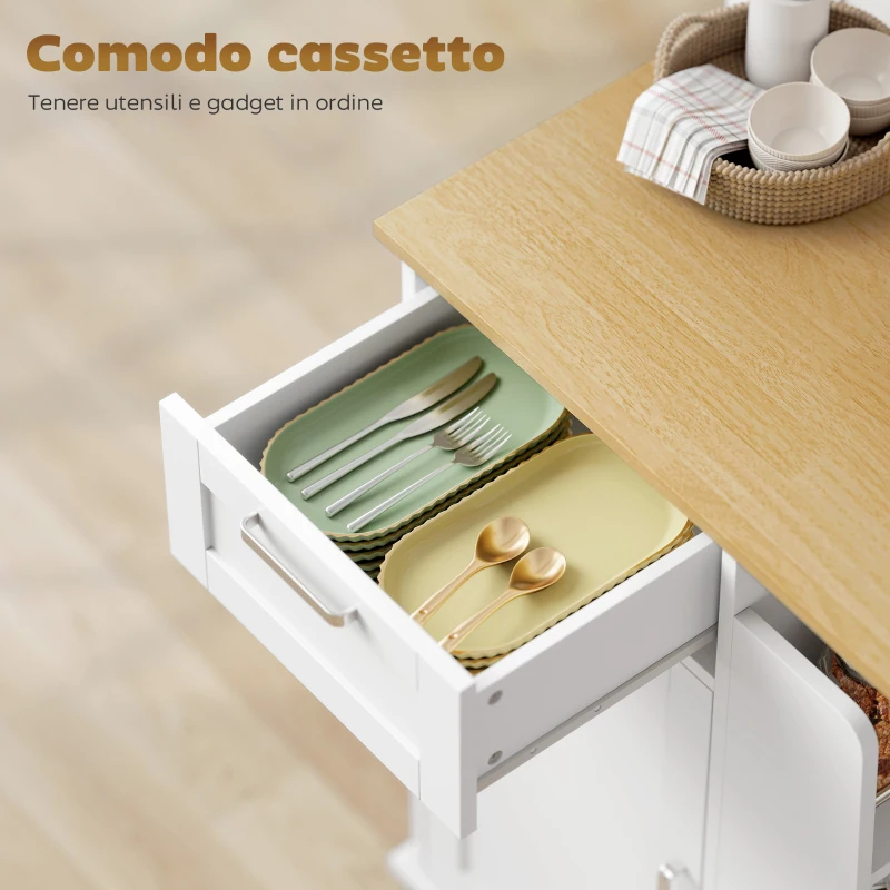 HOMCOM Carrello da Cucina con Cassetto, Armadietto, Portasciugamani e 3 Portaspezie, in Legno, 62x40x87 cm, Bianco
