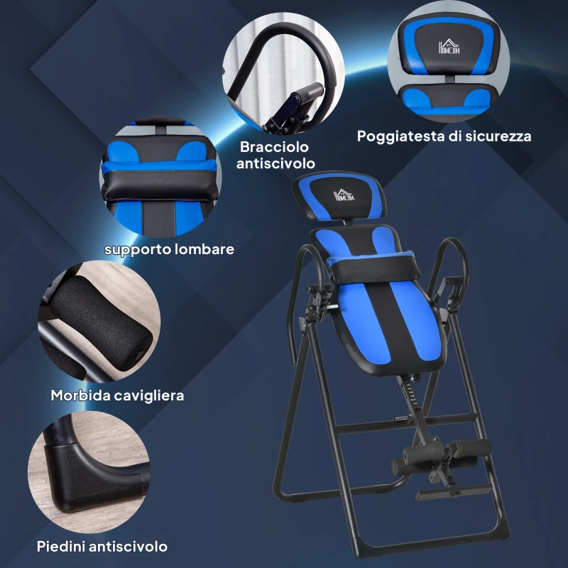 HOMCOM Panca a Inversione Gravitazionale Pieghevole con Lunghezza Regolabile da 140-203 cm e Ruote, Nero e Blu