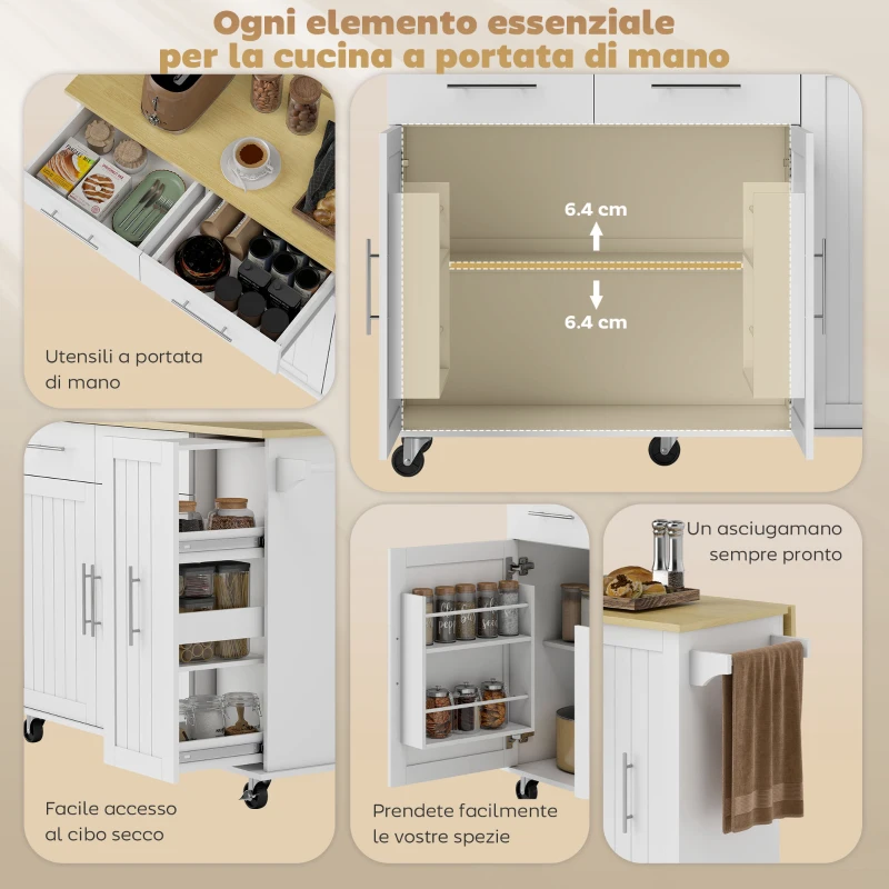 HOMCOM Isola per Cucina a 5 Ruote con Portasciugamani, 2 Cassetti, 4 Ripiani e Armadietto, in Legno, 129x65x91 cm