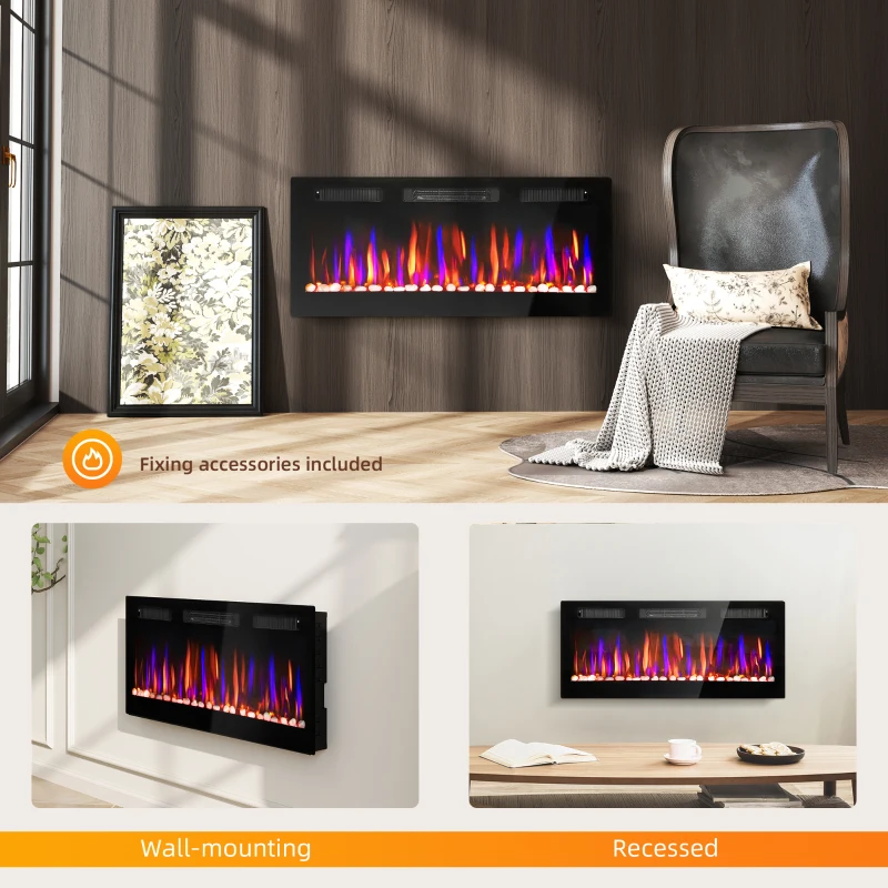 HOMCOM Ultraflacher Einbau-/Wand-Elektrokamin mit 3D-Flamme, Helligkeit/Geschwindigkeit einstellbar, 12 Farben, Kieselsteine, 900/1800 W