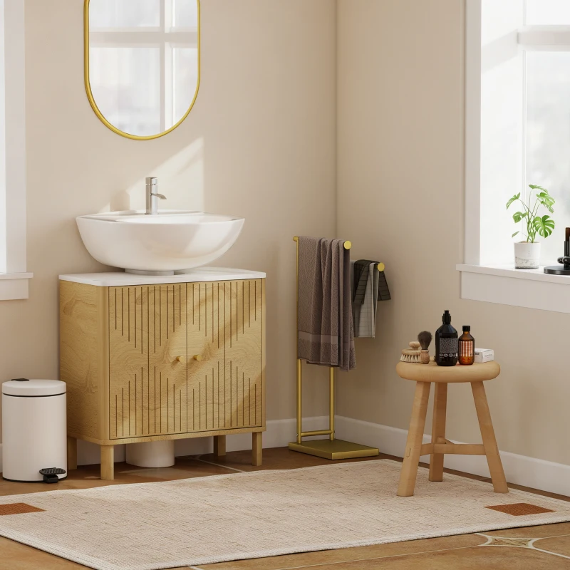 HOMCOM Porte-serviettes sur pied avec 2 barres et cadre métallique Porte-serviettes de salle de bain moderne en forme de L 35,5x20x78 cm Doré