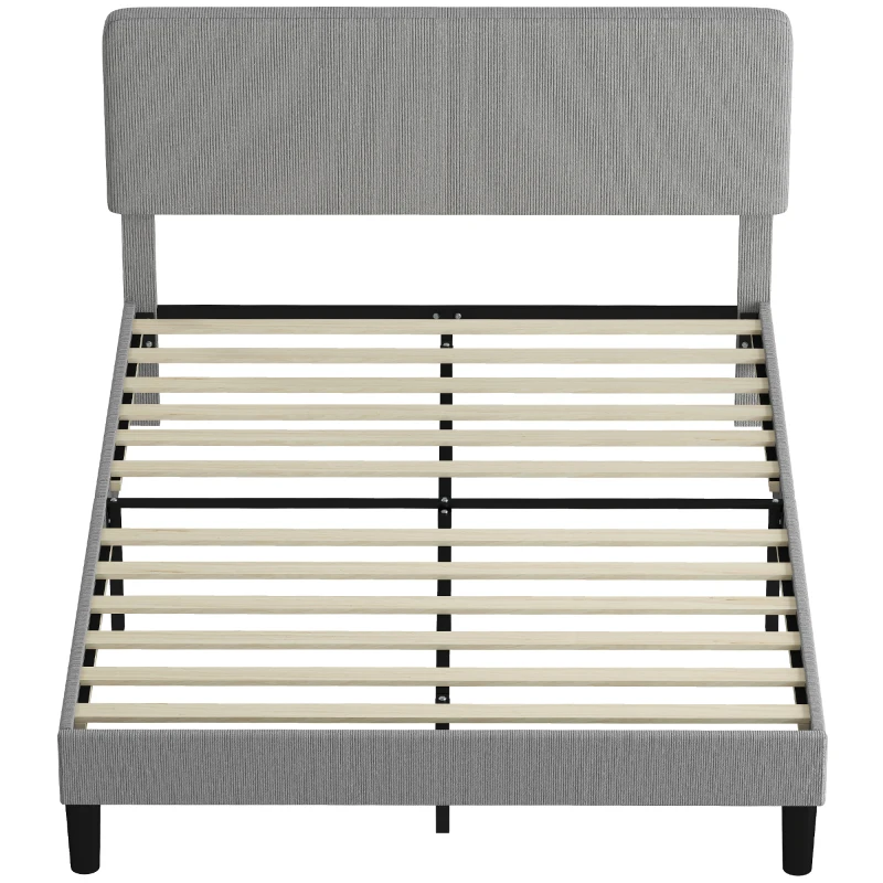 HOMCOM Cadre de lit 140 x 190 cm, sommier à lattes en bois, tête de lit réglable, lit double rembourré en velours côtelé, gris