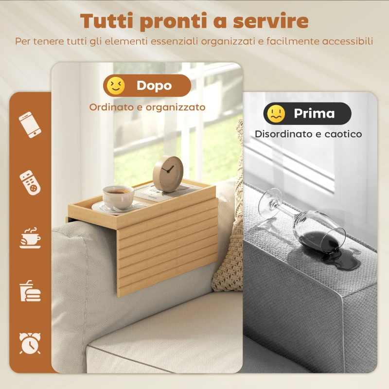 HOMCOM Vassoio da Divano per Bracciolo in Legno di Bambù, Tappetino Flessibile con Vassoio, Colore Legno