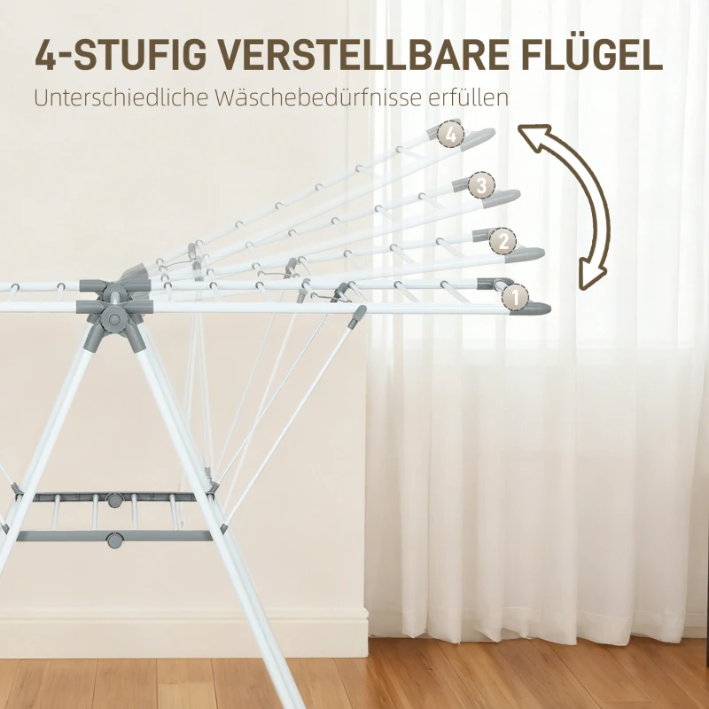 HOMCOM Wasrek 156,5 cm drooglengte Opvouwbaar staand droogrek met 2 niveaus, verstelbare vleugels, vleugelwasrek, Wit