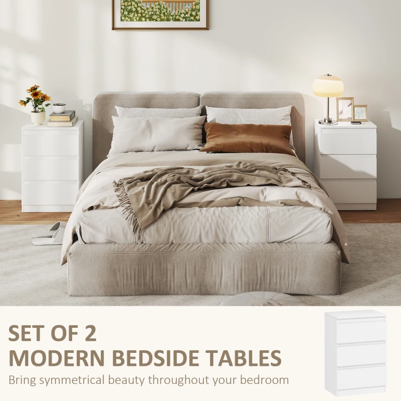 HOMCOM Nocny Stolik, Zestaw 2 Sztuk Stolików Bocznych z 3 Szufladami, Commode Nocna do Sypialni, Salonu, 40 x 30 x 59,5 cm, Biały