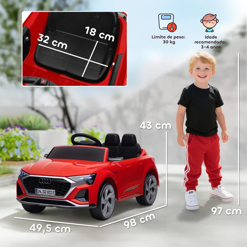 AIYAPLAY Carro Elétrico para Crianças Carro Audi Q8 Etron Sportback Infantil 12V Faróis Buzina e Música 98x49,5x43 cm Vermelho