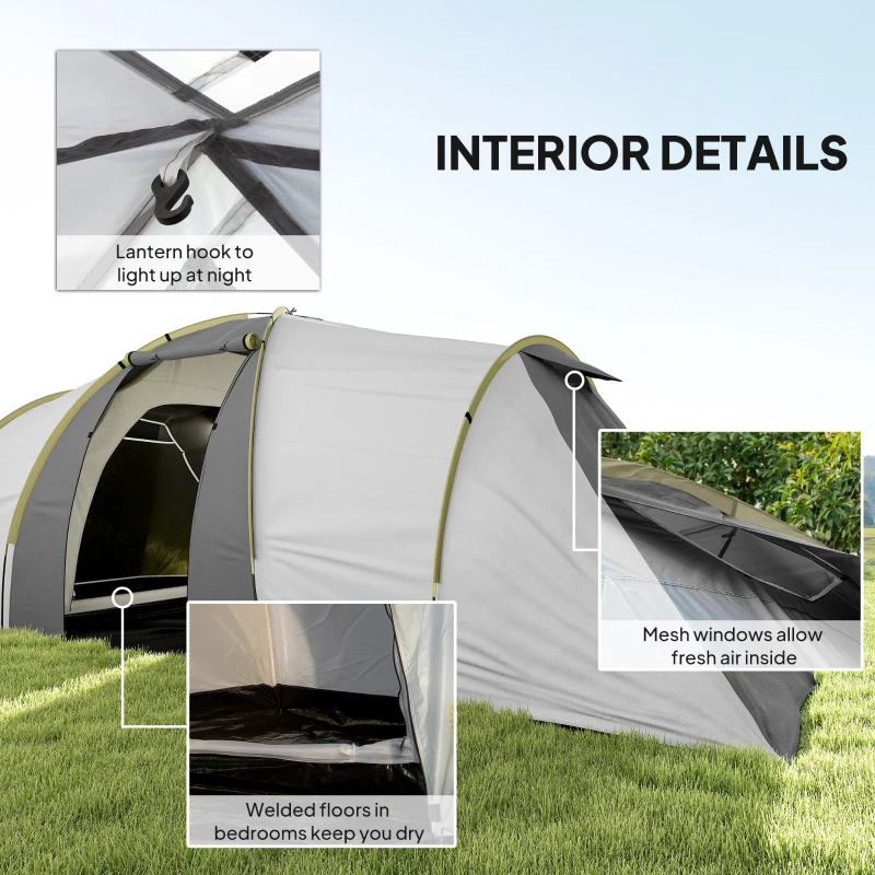 Outsunny Four-Man Tunnel Tent, with Two Bedrooms and Living Room - Grey/Yellow