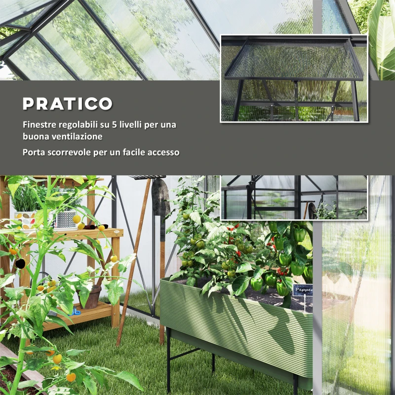 Outsunny Serra in Policarbonato e Alluminio con Finestra Apribile e Porta Scorrevole, 190x253x199 cm, Grigio Scuro