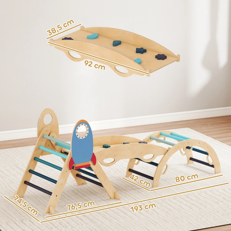AIYAPLAY Triangle d'escalade Montessori en bois 7 en 1 thème fusée avec arc et rampe pour enfants de 18-48 mois Bleu