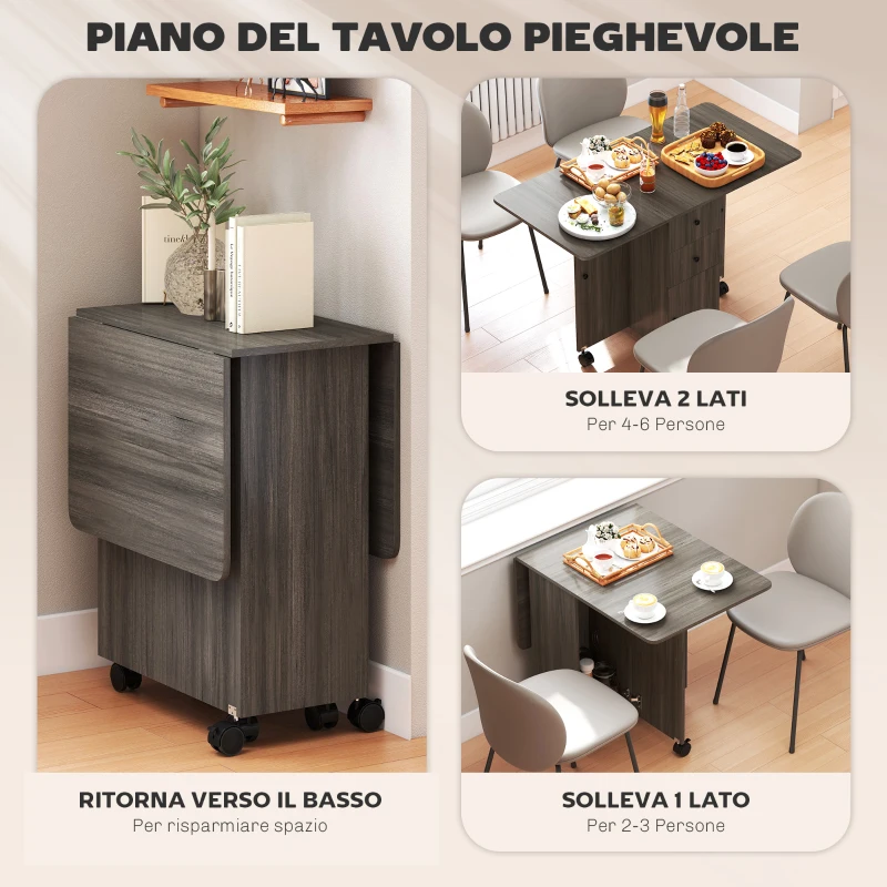 HOMCOM Tavolo a Ribalta a 6 Rotelle con 2 Cassetti e Armadietto ad Ante, in Legno, 120x60x76.5 cm, Grigio
