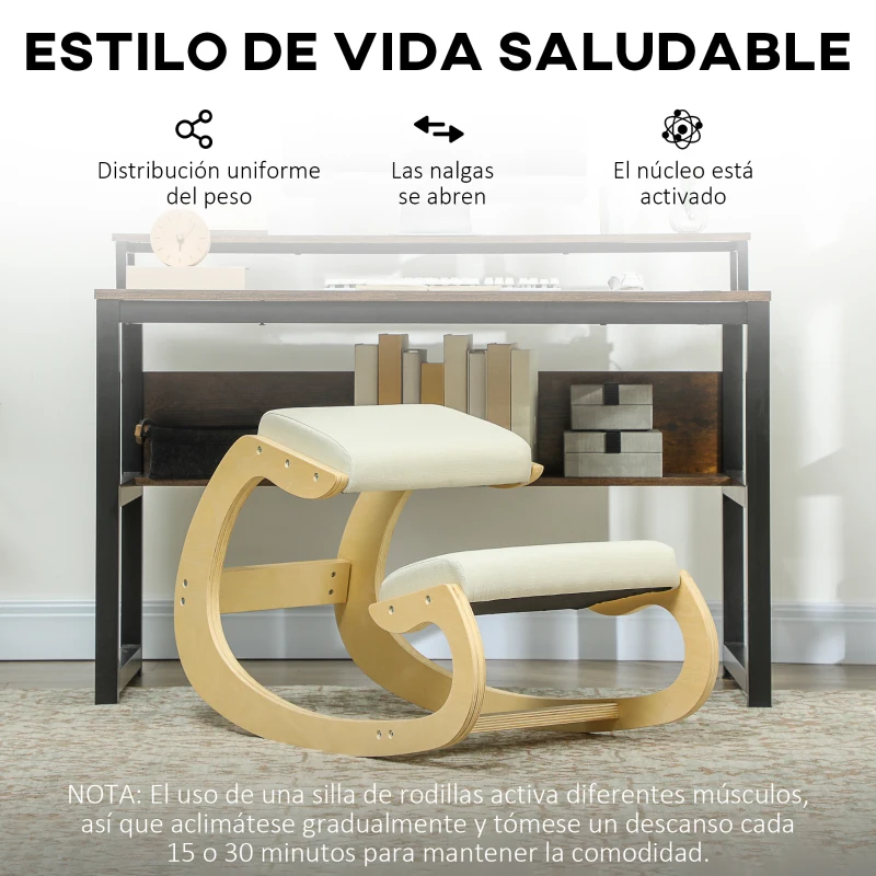 HOMCOM Silla Ergonómica de Rodillas Silla de Rodillas de Madera Taburete Ergonómico Cojín Acolchado 55x85x55 cm Crema