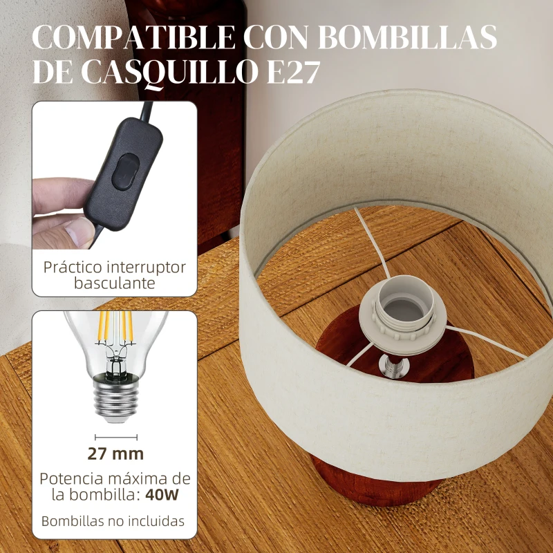 HOMCOM Lámpara de Mesa Rústica Lámpara de Mesita de Noche con Base de Madera Pantalla de Lino Interruptor Basculante Marrón