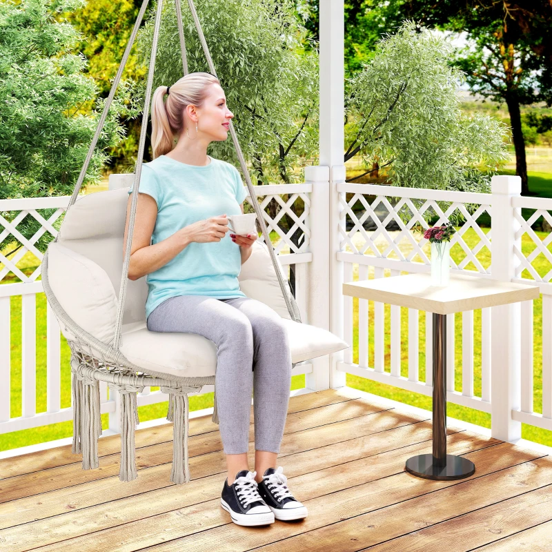 Outsunny Chaise suspendue avec grand coussin rembourré hamac fauteuil suspendu à franges kit de suspension 80 x 60 x 40 cm crème