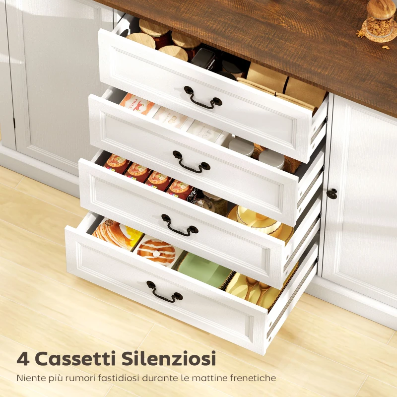 HOMCOM Credenza da Cucina Stile Vintage con 4 Cassetti e 2 Armadietti con Mensole Regolabili, 147x40x87, Legno Bianco