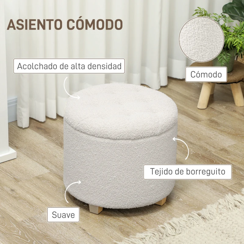 HOMCOM Puff Almacenaje Baúl de Almacenaje Redondo 40,5L 45x45x41 cm Tapizado en Borreguillo con Patas de Madera Blanco