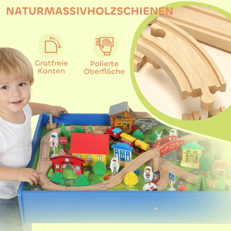 AIYAPLAY Spieltisch, 108-teiliges Eisenbahn-Set aus Holz, mit abnehmbarer Tischplatte, Eisenbahntisch, 98x60,5x40 cm, Blau