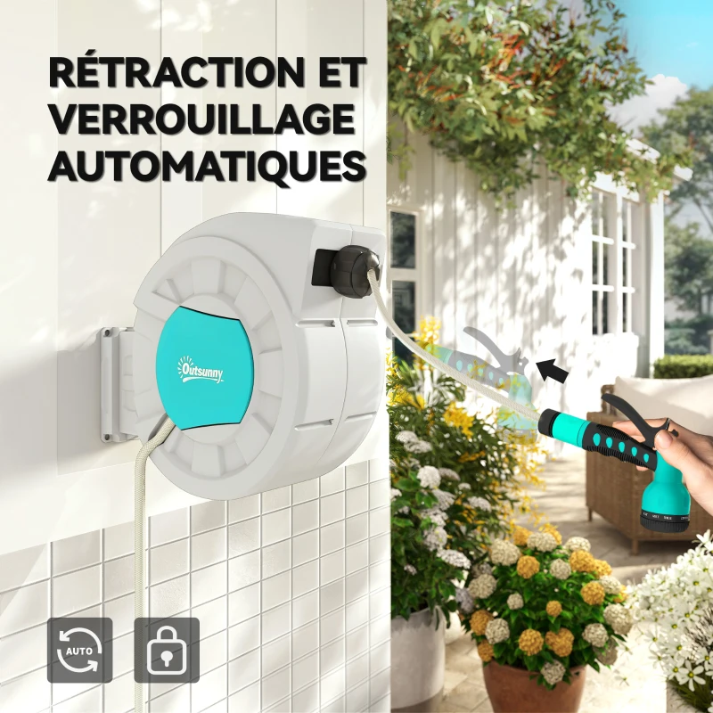 Outsunny Enrouleur tuyau arrosage dévidoir de tuyaux d'eau 35+2 m support mural + poignée pivotant à 180° 55 x 20 x 42 cm gris clair