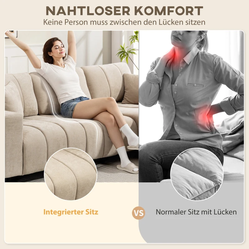 HOMCOM L-förmiges Ecksofa mit flexibler Chaiselongue, 3-Sitzer-Couch mit 2 Kissen, Metallrahmen, für Wohnzimmer, Beige