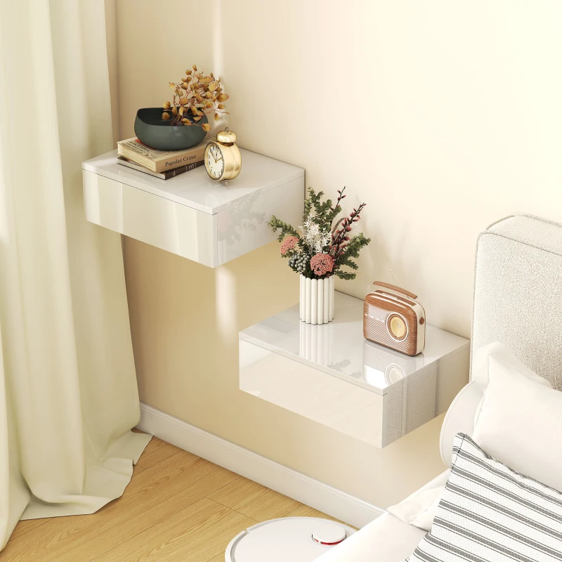 HOMCOM 2er-Set Nachttische, wandmontiertes Design, Schublade, für Schlafzimmer, Spanplatte, Weiß