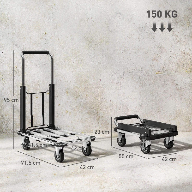 HOMCOM Carrello Portapacchi Pieghevole con Pedana Estensibile, Capacità 150 kg, Maniglia Regolabile, Argento