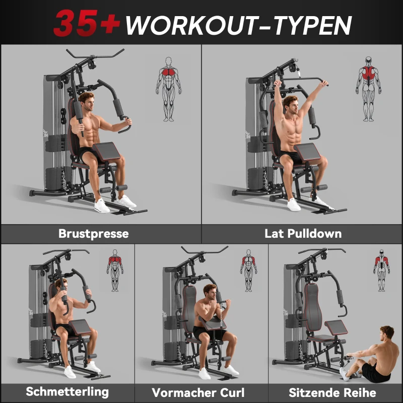 HOMCOM Heimtrainer, Trainingsstation, Hantelbank, Brustpresse, Stahl, 170x104x205 cm, Schwarz(m-4)