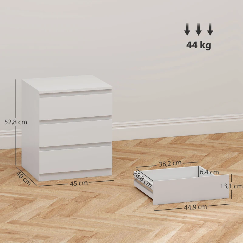 HOMCOM Cómoda 3 Cajones con Cierre Suave Cajonera para Salón Oficina Estilo Moderno 45x40x52,8 cm Blanco