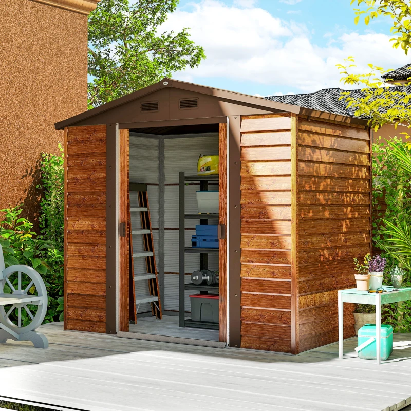 Outsunny Casetta da Giardino Porta Attrezzi con Porte Scorrevoli e Pareti Effetto Legno, 2.3x1.5x2 m, Marrone