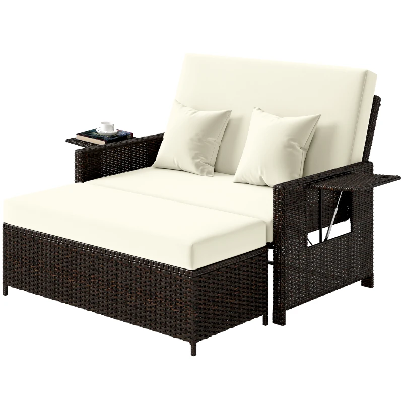 Outsunny Gartensofa mit Liegefunktion, ausfahrbare Fußbank mit Stauraum, Sitzkissen, braun+creme, 130 x 72 x 96 cm