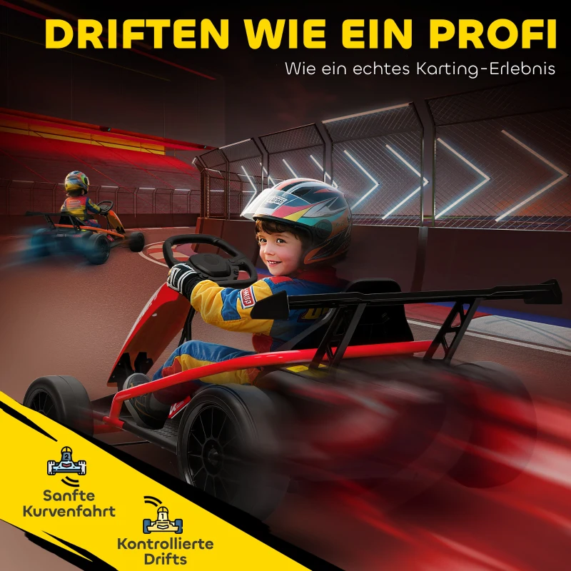 AIYAPLAY 24V Elektro-Go-Kart zum Fahren und Driften, Nylon-Reifen, Sicherheitsgurt, Hupe, Musik für 8-12 Jahre Rot