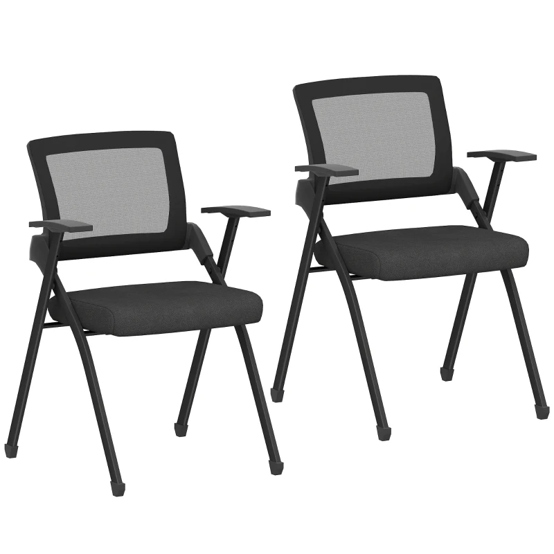 HOMCOM Lot de 2 chaises pliantes avec dossier incurvé et accoudoirs, en tissu effet lin et acier, 61x56x84 cm, Noir