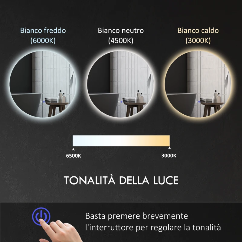 kleankin Specchio Bagno con Luci LED Regolabili, Interruttori Touch e Design Antiappannamento, Ø60 cm