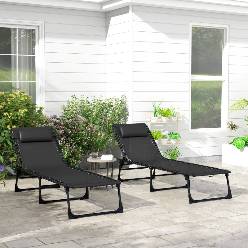Outsunny Lot de 2 bain de soleil transat pliable dossier inclinable multi-positions acier lacets élastiques textilène noir