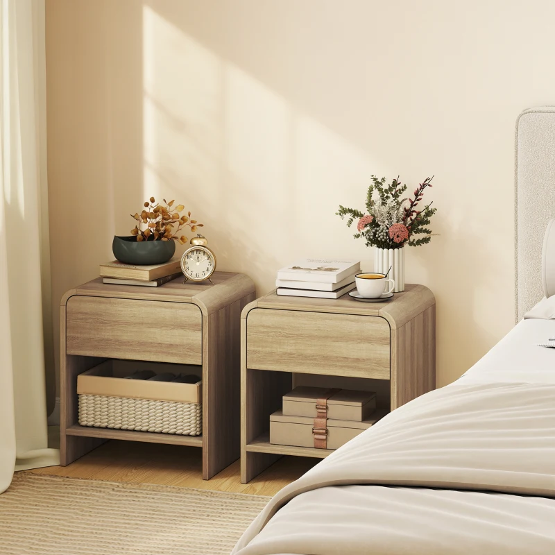 HOMCOM Set di 2 Comodini in Stile Nordico con Angoli Arrotondati Cassetto e Ripiano Aperto 40x35x45 cm Naturale