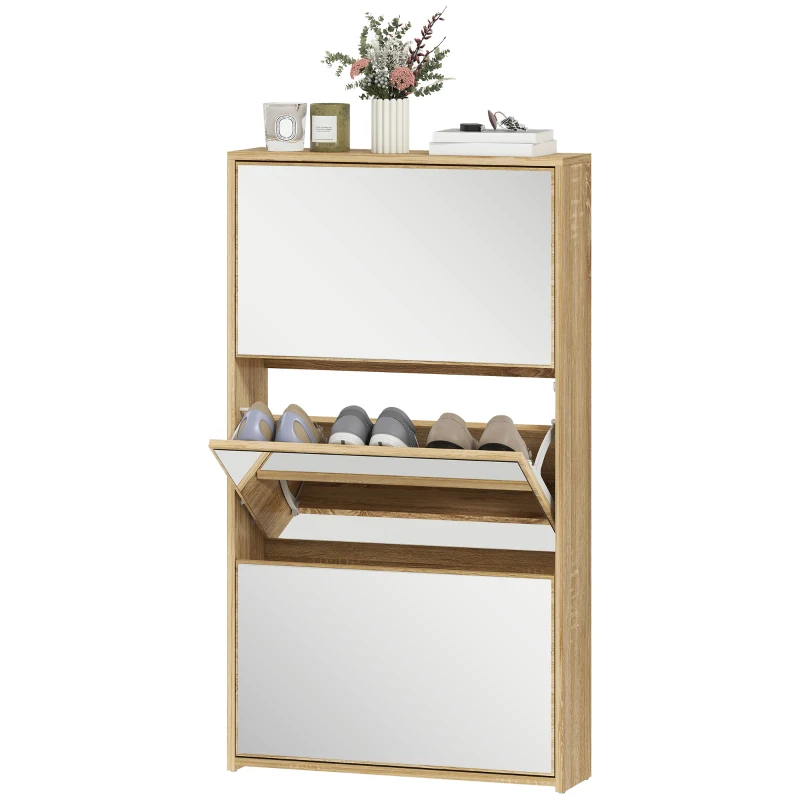HOMCOM Meuble d'entrée 3 portes avec miroir Meuble à chaussures étroit pour 9 paires 65x17x114,5 cm naturel