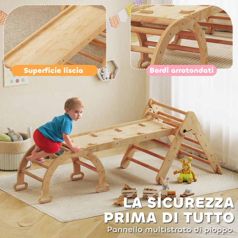 AIYAPLAY Gioco per Bambini 5 in 1 con Triangolo, Parete Liscia e Arco, in Legno di Pioppo e Pino, 188x70x59 cm